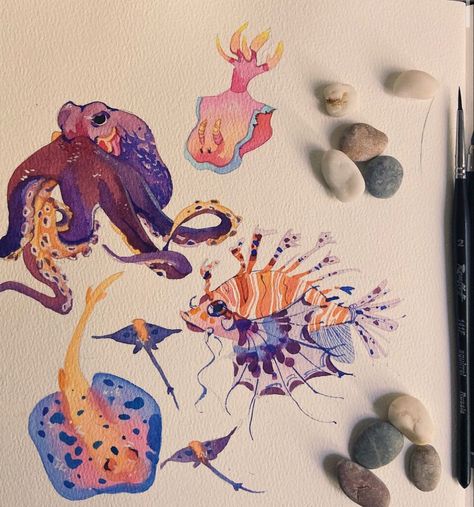 Sea Creatures Art, Watercolor Paintings Of Animals, Watercolor Fish, Prehistoric Art, Abstract Watercolor Art, Gouache Art, Watercolor Sketchbook, Creature Drawings, August 20