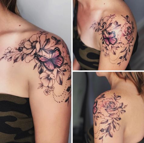 Women's Shoulder Tattoo, Shoulder Sleeve Tattoos, Flower Shoulder Tattoo, Butterfly Tattoo On Shoulder, Floral Tattoo Shoulder, Female Tattoos, Butterfly Tattoos For Women, Men Tattoos, Tattoos For Women Flowers