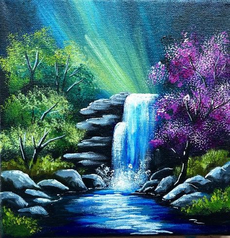 EASY Waterfall Landscape How To Paint Acrylics For Beginners: Paint Night At Home | The Art Sherpa Paint Night At Home, Acrylics For Beginners, Diy Canvas Painting Ideas, Diy Canvas Painting, The Art Sherpa, Easy Landscape Paintings, Painting Step By Step, Canvas Painting Ideas For Beginners, Paintings For Living Room