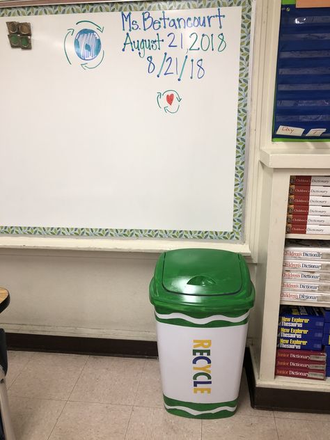 Recycle marker bin Recycle Bins, Aesthetic 2023, Themed Classroom, Classroom Design, Classroom Setup, Library Ideas, Trash Bins, Recycling Bins, Art Classroom