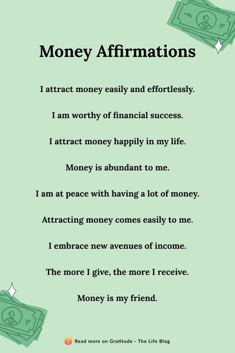 I attract money easily and effortlessly.
I am worthy of financial success.
I attract money happily in my life.
Money is abundant to me. Affirmation For Financial Abundance, Money Manifestations, Affirmation Money, Financial Affirmations, Biblical Affirmations, Money Video, Money Prayer, Money Abundance, Quotes Money