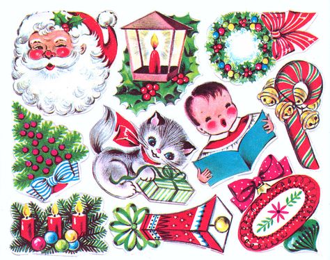 Vintage Christmas Stickers Part B Tree Candles, Cat Candy, Candle Ornament, 1950s Christmas, Santa Cat, Christmas Ephemera, Candy Cane Wreath, Vintage Christmas Images, Christmas Graphics