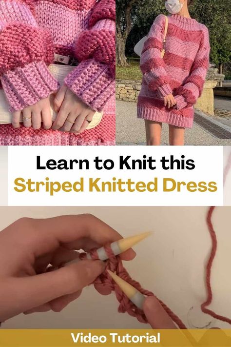 Knit Sweaters Colorful, Things You Can Knit, Simple Knit Projects, Diy Knit Dress, Free Knit Dress Pattern, Knit Dress Tutorial, How To Knit A Dress, Easy Knit Clothes, Knit Clothing Patterns