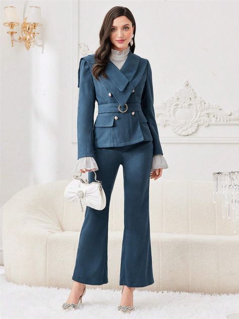 SHEIN Modely Women's Bell Sleeve Blazer And Flared Pants Set | SHEIN USA Blazer Pants Set, Flared Pants, Flare Pants, Bell Sleeve, Suits For Women, Bell Sleeves, Pants Set, Blazer, Free Shipping