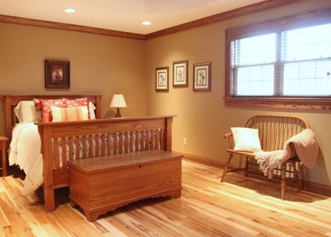 Flooring With Oak Trim, Honey Oak Trim, Living Room Vision Board, Floor Bedroom Ideas, Hickory Floors, Dark Wood Trim, Paint Floor, Room Vision Board, Hardwood Floor Colors