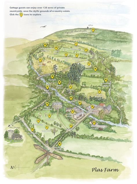 Interactive Farm Map | walescottages.com Farm Map, Maps Illustration Design, Hex Grid, Watercolor Farm, Ice Carving, Pathfinder Rpg, Garden Mini, Mini Farm, Watercolor Map