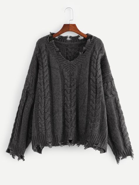 Plus Drop Shoulder Tattered Cable Knit Sweater -SheIn(Sheinside) Plus Size Brides, Moda Plus, Party Dress Short, Plus Size Sweaters, Sweaters Online, Cable Knit Sweater, Shein Style, Plus Size Blouses, Sleeves Pattern