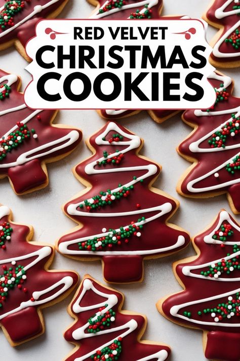 Red velvet Christmas tree-shaped cookies with icing and sprinkles. Green Velvet Cookies, Red Velvet Cookies Recipe From Scratch, Red Velvet Christmas Tree Cookies, Red Velvet White Chocolate Chip Cookies, Red Velvet Christmas Cookies, Cheesecake Loaf, Red Velvet Sugar Cookies, Red Velvet Cookies Recipe, Red Velvet Cookie Recipe