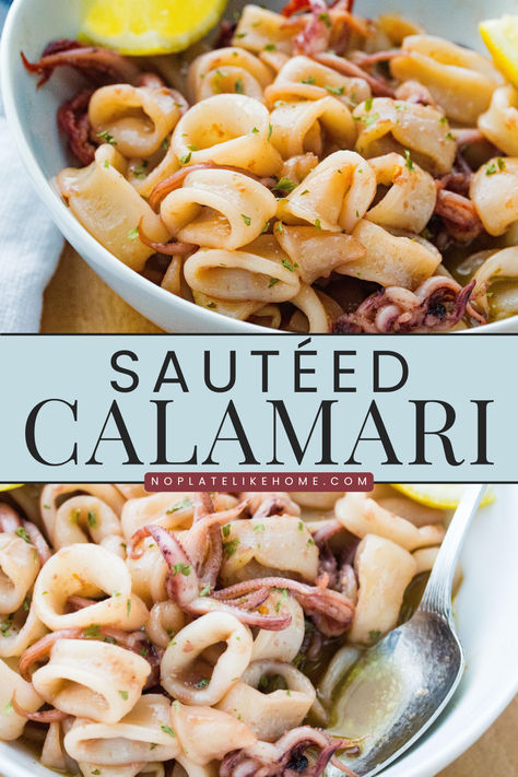 Learn how to saute calamari with this easy, step-by-step, delicious recipe where the calamari is seasoned with fresh garlic, extra virgin olive oil, dry white wine, capers and fresh lemon juice. It’s low carb and gluten free! Fresh Calamari Recipes, How To Make Calamari, Italian Squid Recipes, Sauteed Calamari Recipes, Calimari Dishes, Calamari Recipes Sauteed, Squid Rings Recipe, Calamari Rings Recipe, Sauteed Calamari