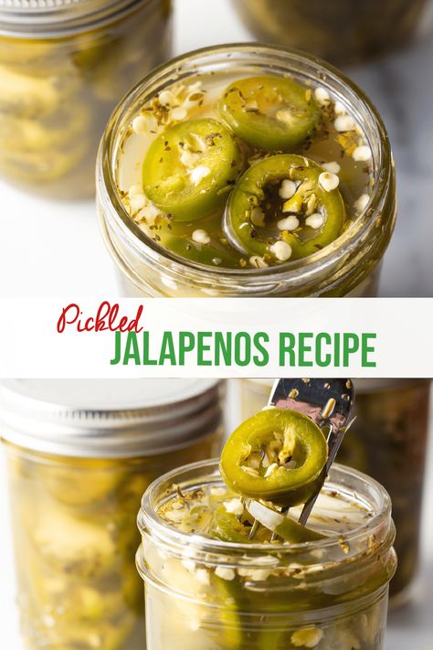 How to Pickle Jalapenos - These spicy, slightly sweet Jalapeno Pickles are made with a quick and easy refrigerator pickle recipe. Learn our foolproof method for making perfect pickled peppers from scratch - without canning! You only need a handful of wholesome ingredients, and tasty sweet and spicy pickled jalapenos are ready within a day. Use pickled jalapeno peppers on sandwiches, salads, and with charcuterie boards. | A Spicy Perspective Pickle Jalapenos, Jalapeno Pickles, Pickled Jalapeno Recipe, Jalapeno Recipe, Canning Jalapeno Peppers, Homemade Refrigerator Pickles, Pickled Sweet Peppers, Pickled Pepper Recipe, Pickled Banana Peppers