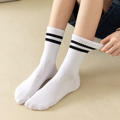 Solid color Multicolor Polyester Black And White Socks, Black And White Couples, Women Crew Socks, Casual Athletic, Striped Socks, Calf Socks, Tube Socks, Solid & Striped, Casual Stripes