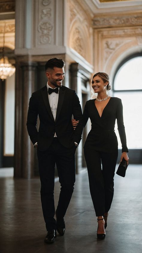 Looking for the perfect couple Christmas party outfit Whether you want a formal matching dressy funny formal casual formal classy semi-formal or casual look we've got you covered Check out these black outfit ideas for a formal dress code Black Tie Casual Men Outfit, Couple Formal Outfits, Christmas Party Outfit Inspiration, Black Sweater Dress Outfit, Christmas Party Outfit Ideas, Black Outfit Ideas, Formal Dress Code, Party Outfit Ideas, Black Tie Formal