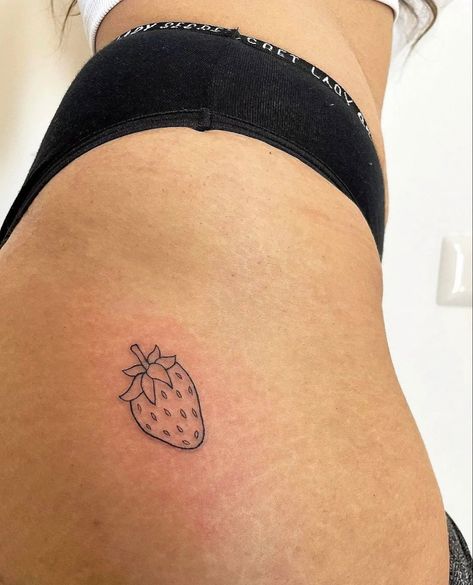 Strawberry Tattoo On Hip, Strawberry Simple Tattoo, Small Tattoos Strawberry, Strawberry Tattoo Placement, Strawberry Leg Tattoo, Red Ink Strawberry Tattoo, Mini Strawberry Tattoo, Cute Fruit Tattoos, Strawberry Hip Tattoo