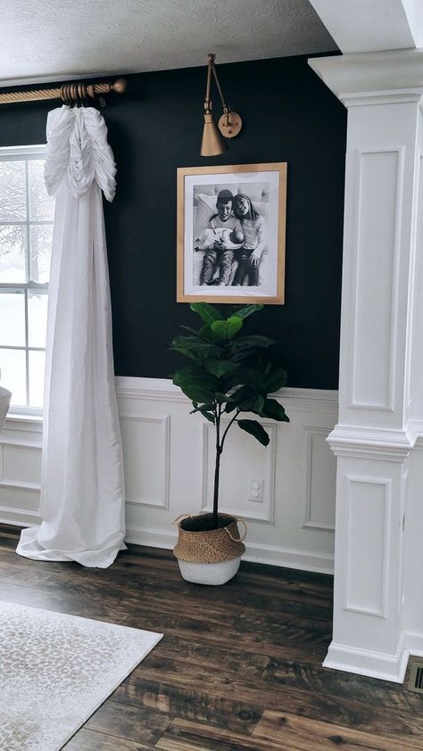 Black And White Wainscoting Living Room, Wallpaper And Wainscoting Living Room, Moody Bedroom Wainscotting, Dining Room Barstools, Moldings And Trim Small Room, Wainscoting Black And White, Black Wall Paneling Dining Room, Dining Room Decor With Wainscoting, White Wall Black Trim Bedroom