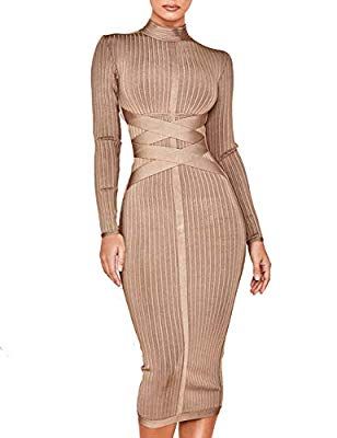 Whoinshop Women's Cross Strap Ribbed Bandage Long Sleeve Midi Fall Winter Bodycon Party Dress (XS Khaki1) Bodycon Party Dress, Summer Bodycon Dress, Party Dresses Online, Bandage Midi Dress, Club Party Dresses, Party Dress Long Sleeve, Bodycon Dress Parties, Club Party, Long Sleeve Midi