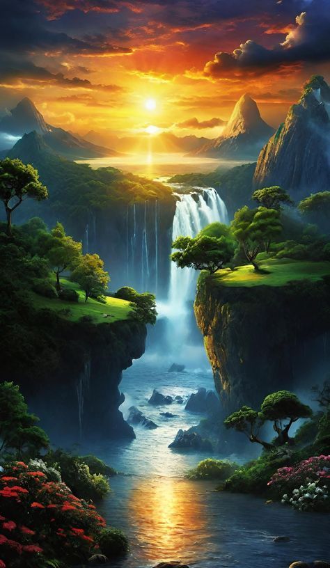 Waterfalls Aesthetic, Waterfall Sunset, Angel Falls Venezuela, Waterfall Aesthetic, Fall Mountains, Painting Scenery, Sunset Trees, Angel Falls, Waterfall Scenery