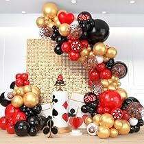 Red And Black Balloon Arch, Game Night Birthday Party, Black Balloon Arch, Vegas Party Decorations, Vegas Prom, Casino Theme Party, Casino Birthday Party, Black And Gold Party Decorations, Night Birthday Party