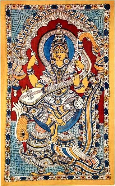 Kalamkari Painting Saraswati, Religious Sketches, Indian Art And Craft, Kalamkari Art, Puja Items, Folk Art Paintings, Ancient Indian Art, Goddess Saraswati, Madhubani Paintings