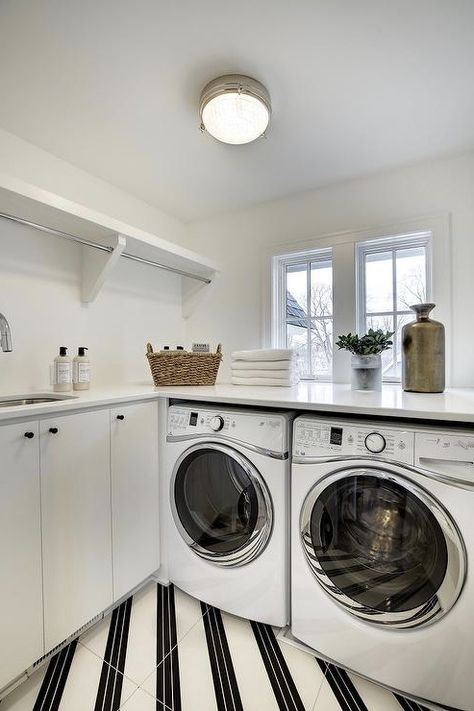 W&D under window | hanging rod in corner with shelf Washer Dryer Under Window, Washer And Dryer Under Window, Black And White Floor Tiles, White Floor Tiles, Transitional Laundry Room, Black And White Floor, Laundry Room Hacks, Laundry Room Storage Shelves, Laundry Shelves