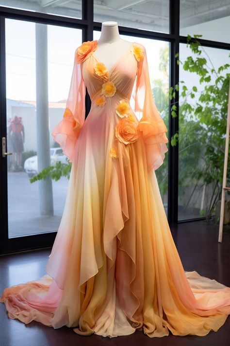 Rose flower inspired gown Dresses Inspired By Flowers, Flower Inspired Dress, Orange Flower Dress, Celestial Dress, Flower Gown, Fantasy Clothes, Fantasy Dresses, Fantasy Gowns, Fantasy Dress