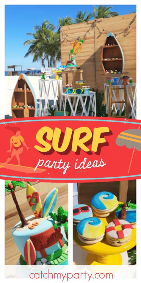 You'll want to hit the beach as soon as you check out this cool surf birthday party! The dessert table and all the party food are fantastic! See more party ideas and share yours at CatchMyParty.com  #catchmyparty #partyideas #surf #beach #surfparty #beachparty Surfs Up Party, 29th Birthday Party, Party Food For Adults, Surf Birthday Party, Surf Birthday, 57th Birthday, Surf Party, 1st Birthday Themes, Summer Birthday Party