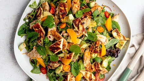 Hot Honey Chicken & Halloumi Salad Halloumi Chicken Salad, Halloumi Chicken, Chicken And Halloumi, Haloumi Cheese, Hot Honey Chicken, Halloumi Cheese, Halloumi Salad, Chicken Tenderloin, Chicken Tenderloins