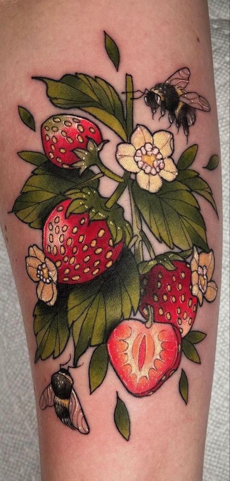 Tattoo Watermelon Tattoo, Peach Tattoo, Strawberry Tattoo, Cottage Vibes, Fruit Tattoo, Food Tattoos, Insect Tattoo, Tasteful Tattoos, Vine Tattoos