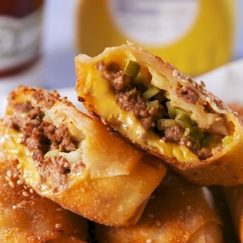 Complete with Mac Sauce. #food #easyrecipe #burger #party #appetizers Burger Spring Rolls, Big Mac Empanadas, Big Mac Spring Rolls, Big Mac Wontons, Big Mac Egg Rolls, Keto Dough, Burger Party, Mac Sauce, Egg Benedict