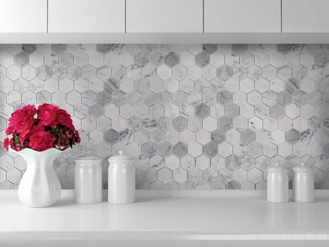 Light Gray Countertops Kitchen, Honeycomb Backsplash Kitchen, Light Gray Countertops, Wine Nook, Arabesque Backsplash, Hexagon Marble Tile, White Marble Mosaic, Gray Tile, 2024 Kitchen