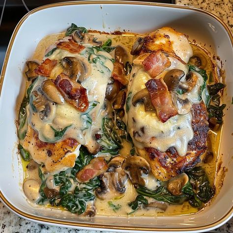 Smothered Chicken with Creamed Spinach Bacon And Mushrooms Smothered Chicken With Creamed Spinach, Chicken With Creamed Spinach, Pepper Seasoning, Smothered Chicken, Lemon Pepper Seasoning, How To Cook Mushrooms, Chicken Breast Seasoning, Small Chicken, Basil Chicken