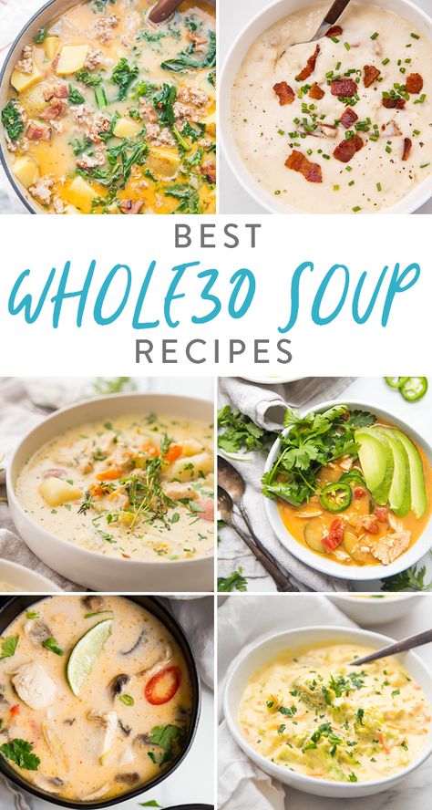 These are the best Whole30 soup recipes to keep you full and cozy but still compliant! From Zuppa Toscana to Thai tom kha gai (coconut chicken soup), chicken pot pie soup to loaded potato soup, we've got your soup craving totally covered with this roundup of the best recipes. #soup #whole30 #instantpot #paleo #crockpot Soup Chicken Pot Pie, Paleo Fall Recipes, Whole30 Soup, Whole 30 Soup, Paleo Soup Recipe, Whole30 Soup Recipes, Coconut Chicken Soup, Tom Kha Gai, Whole 30 Meal Plan