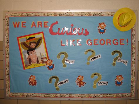 Reading, Curious George Curious George Bulletin Board Ideas, Curious George Classroom Theme, Pre K Door, Curious George Decorations, Literature Decor, Kindergarten Enrichment, Click Clack Moo, Daycare Projects, Hallway Decorations