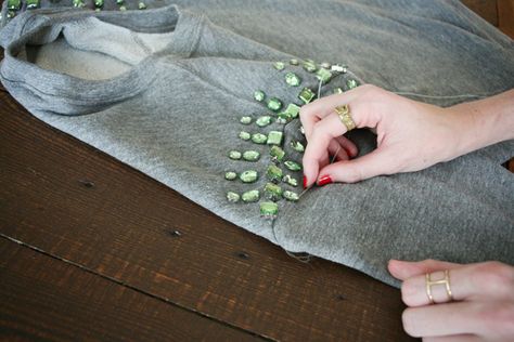 DIY A Bejeweled Sweatshirt Revamp Clothes, Remake Clothes, Fall Runway, Upcycle Sweatshirt, Diy Sweater, Embellished Clothing, Embellishment Diy, Embellished Sweatshirts, Diy Sweatshirt