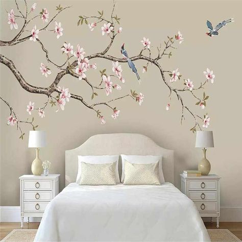 Chinoiserie Wallpaper, Custom Murals, Tree Wallpaper, Mural Painting, Bed Room, Punch Needle, Wall Paint, Room Sofa, Bedroom Wall