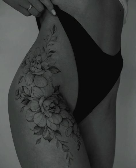 Thigh Crease Tattoos Women, Femine Tattoo Hip, Tattoo From Waist To Thigh, Thigh And Rib Tattoo Women, Peonies Hip Tattoo, Rib Thigh Tattoos For Women, Women’s Rib Tattoo Cover Up, Leg Tattoos Floral, Side Cover Up Tattoos