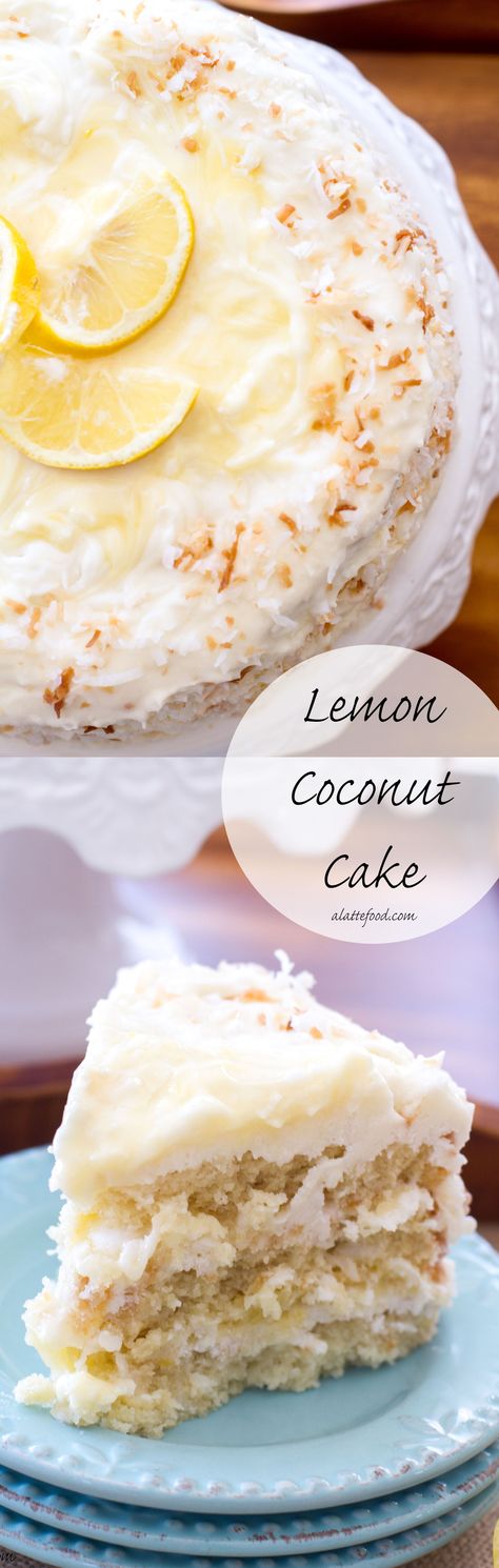 This classic coconut cake is filled lemon curd and topped with a lemon cream cheese frosting! | www.alattefood.com Lemon Coconut Cake, Lemon And Coconut Cake, Baking Treats, Easy Easter Desserts, Lemon Cream Cheese Frosting, Lemon Cream Cheese, Coconut Cake Recipe, Lemon Coconut, Spring Desserts