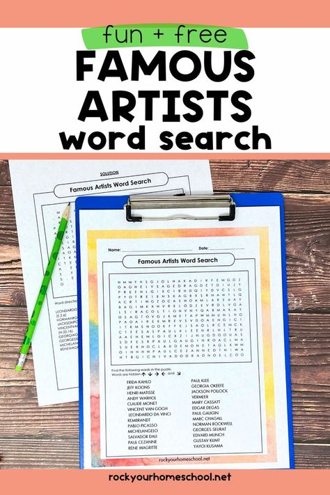 Free printable famous artists word search on blue clipboard with green pencil and answer key. Art History Activities, Free Printable Word Searches, History Activities, Art Activity, Easy Art, Art Activities, Famous Artists, Simple Art, Growth Mindset