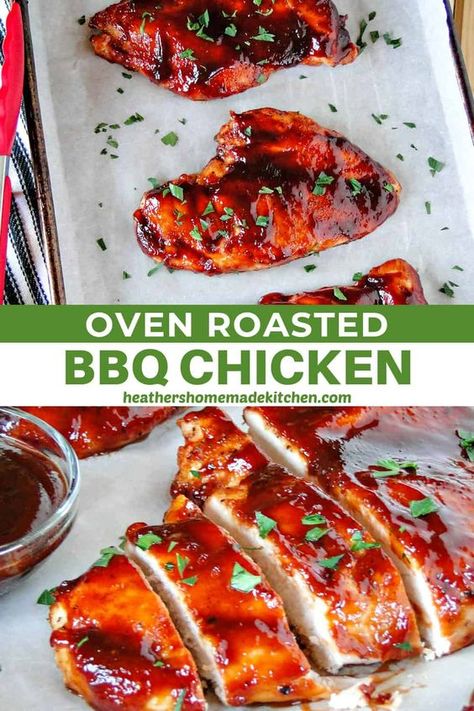 This Oven Roasted BBQ Chicken is an easy way to enjoy sticky, finger licking chicken that turns out tender and juicy every time. Seasoned chicken breasts are roasted, then smothered in BBQ sauce, and baked to perfection. This will be a family favorite recipe, guaranteed! Oven Roasted Bbq Chicken, Bbq Baked Chicken Breast, Bbq Chicken Breast Recipe, Sticky Finger, Oven Baked Bbq Chicken, Chicken Breast Oven, Bbq Chicken Breast, Chicken Breast Recipes Baked, Baked Bbq Chicken