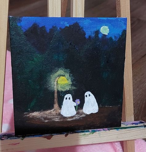 Ghost Love Painting, Switching Canvas Painting Ideas, Cute Ghost Acrylic Painting, Two Ghosts Painting, Ghost Couple Painting, Cute Ghost Painting Ideas, Simple Ghost Painting, Ghost Painting Ideas On Canvas, Ghost Painting Trend