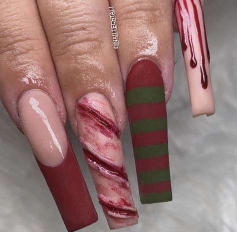 Freddy Nails Halloween, Freddie Kruger Nails, Halloween Nails Freddy Kruger, Horror Halloween Nails, Halloween Horror Nails, Freddy Kruger Make Up, Freddy Nails, Halloween Nail Inspiration, Horror Nails Designs