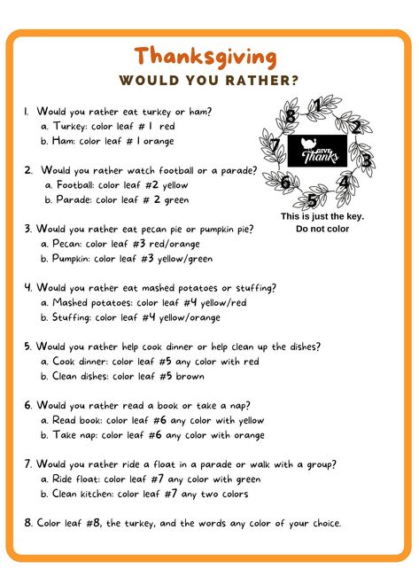 Would you rather coloring activity. Children answer a would you rather question about Thanksgiving and then color their Thankgiving wreath based on their answer. All they need are coloring pencils or crayons. Bug Coloring Pages, Fairy Coloring Book, Coloring Pencils, Would You Rather Questions, Thanksgiving Images, Heart Coloring Pages, Making Words, Family Fun Night, Thanksgiving Family