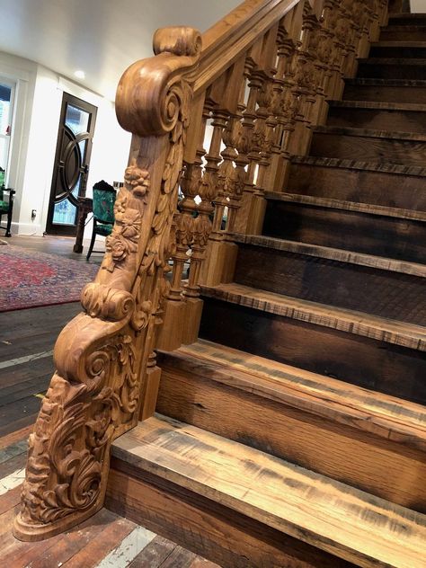 Small Intricately Carved Newel Post Staircase Wood Stair Railing, Crazy Stairs, Unique Stairs, Wood Railings For Stairs, Stair Posts, Small Staircase, Front Stairs, Staircase Designs, Staircase Ideas