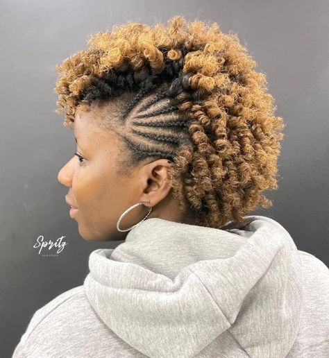 Short Natural Curls with Side Cornrows Straw Curls On Natural Hair, Burgundy Twists, Straw Set Natural Hair, Cornrow Mohawk, Straw Curls, Combover Hairstyles, Short Curly Weave, Short Natural Curls, Twist Out Styles