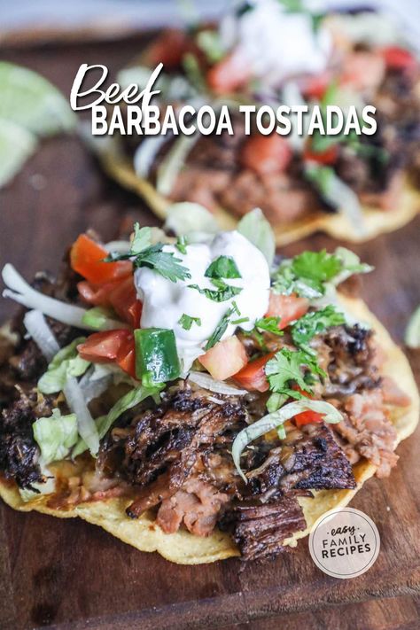 Beef Tostadas Recipes, Steak Tostada Recipes, Beef And Bean Tostadas, Barbacoa Dinner Ideas, Tostada Recipes Beef, Tostados Recipe Beef, Shredded Beef Tostada Recipes, Shredded Beef Tostadas, Sheet Pan Tostadas