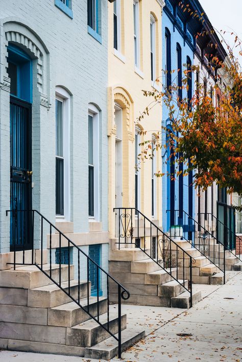 Colorful row houses on 26th Street in Charles Village, Baltimore, Maryland Row Houses, Hotel Motel, Posters Framed, Row House, Baltimore Maryland, Image House, Gas Station, City Skyline, Blue Hues