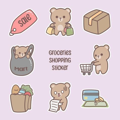 Set of shopping grocery bear sticker | Premium Vector #Freepik #vector Grocery Stickers, Shopping Stickers, Stickers Video, Doodle Bear, List Stickers, Stickers Ideas, Notes App, Free Icon Set, Bear Sticker