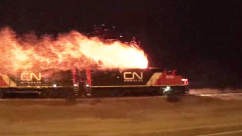 Tagged: Train Scares | Canadian National Diesel Bursts Into Flames! | Train Fanatics Videos by TrainFanatics.com http://trainfanatics.com/canadian-national-diesel-lights-night-sky-flame/ Railway Accidents, Union Pacific Train, Railroad Industry, Canadian National Railway, Train Crash, Big Machines, Railroad Pictures, Sparks Fly, Ho Trains