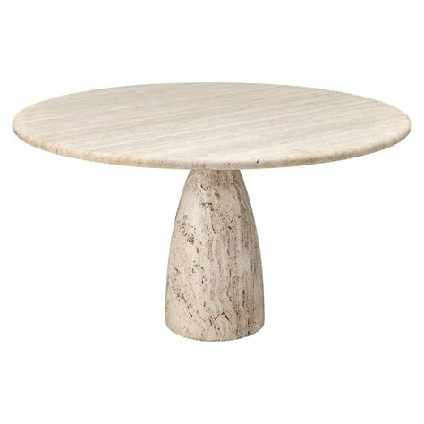 For Sale on 1stDibs - Dining table, travertine, Europe, 1970s. This solid dining table features a colon, cone shaped foot and a thick circular travertine tabletop. The aesthetics Travertine Pedestal, Round Dinning Table, Travertine Dining Table, Angelo Mangiarotti, Cement Table, Architectural Forms, Round Marble Dining Table, Postmodern Design, Round Pedestal Dining