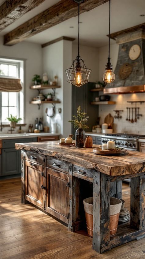 Bring Home Rustic Charm with a Beautiful Kitchen Island 🌻 | Incorporate weathered wood, distressed finishes, and cozy accents for a warm cooking experience. Explore designs that embody farmhouse elegance, vintage style, and charming simplicity. Rustic Kitchen With Peninsula, Country Islands For Kitchen, All Wood Island, Kitchen Design No Island, Rustic Lake House Kitchen, Cool Kitchen Island Ideas, Barndo Kitchen Ideas Farmhouse, Vintage Island Kitchen, Rustic Kitchen With Island