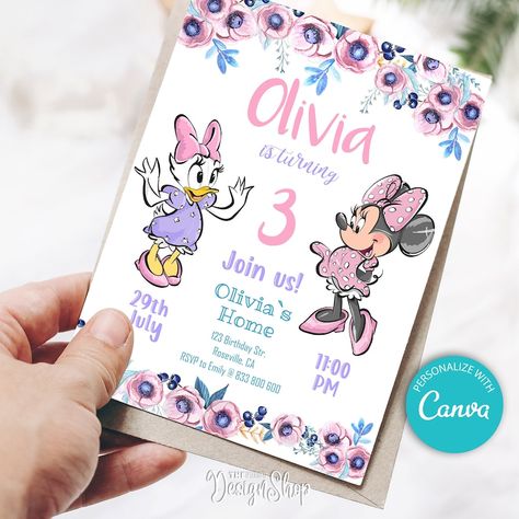 Minnie Mouse Birthday Invitation, Flowers Minnie Mouse and Daisy Duck Birthday Invite, Digital, Peronalized, Printable - Etsy Daisy Duck Birthday, Minnie Mouse And Daisy Duck, Minnie Mouse Invitation, Daisy Invitations, Minnie Mouse Birthday Invitations, Minnie Mouse Invitations, Duck Birthday, Flower Invitation, Daisy Duck